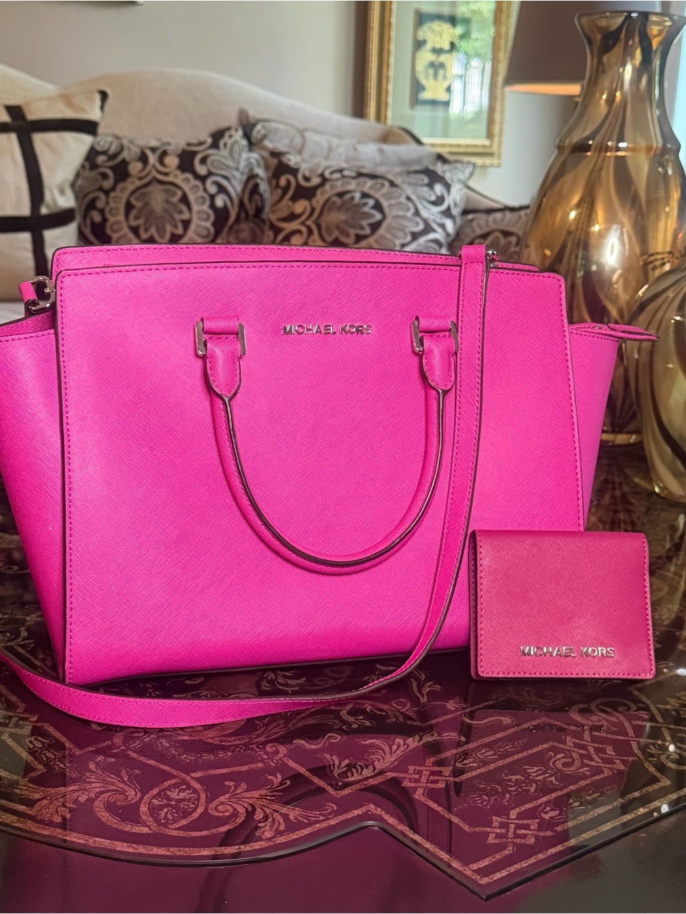 Michael Kors Hot Pink Saffiano Satchel with Matching Wallet